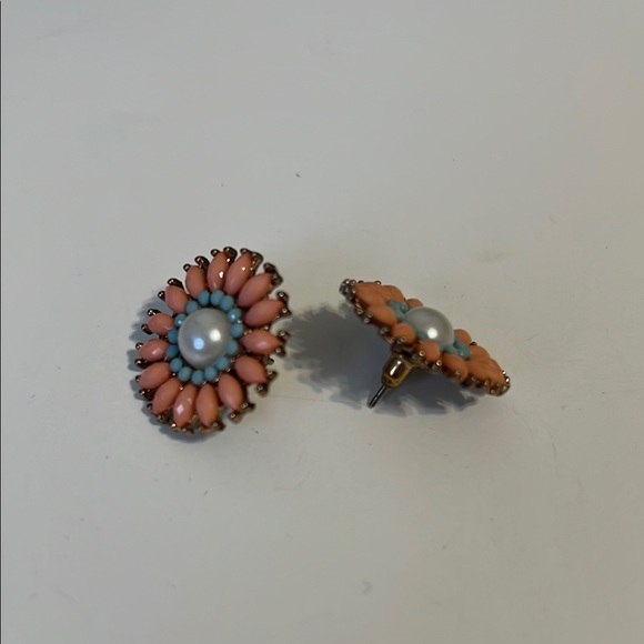 Vintage Coral Pink and Blue Sunburst Earrings with Faux Pearl Center - Picture 3 of 5